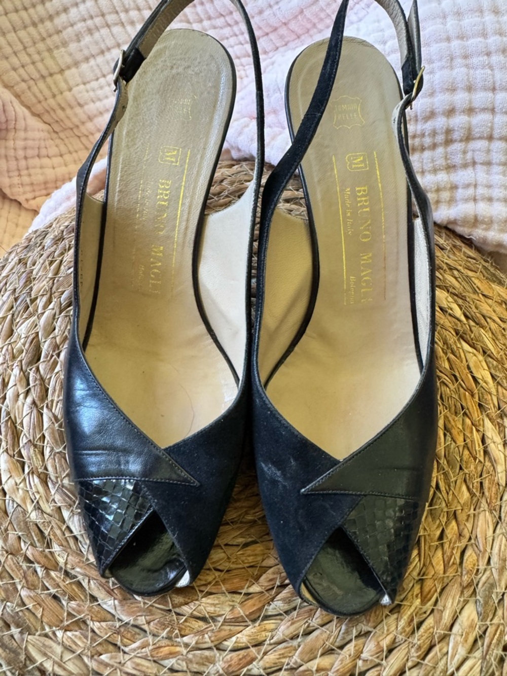 Bruno Magli Black Peep-Toe Slingback Heels with Textured Accents, vintage.